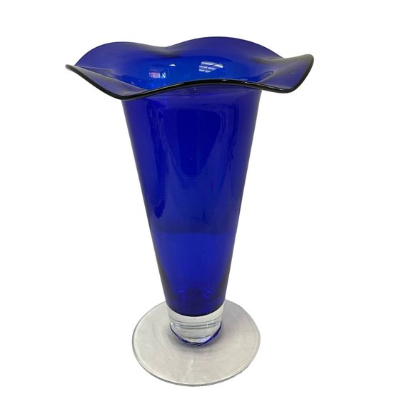 Cobalt Blue Glass Vase Ruffled Tulip Lip Clear Base Hand Blown 8 1/2" x 5 1/2" - Picture 5 of 5